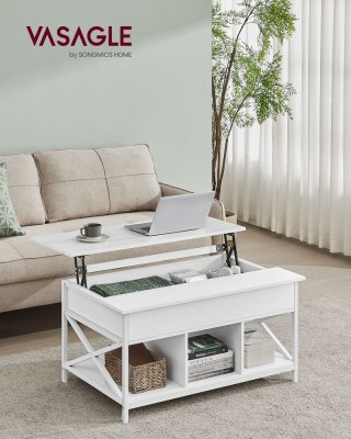 Stolik kawowy z możliwością regulacji wysokości i miejscem do przechowywania pod blatem, Biały, 60x100x(48-62)cm
