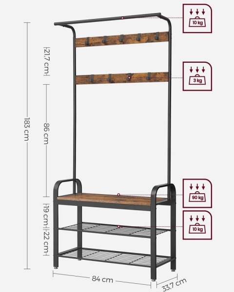 Wieszak na ubrania z siedziskiem i 9 zdejmowanymi haczykami, Vintage brąz + czerń, wysokość 183 cm