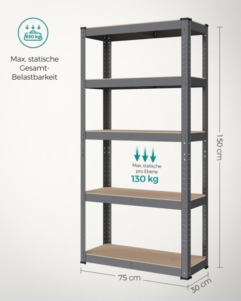 Półka stojąca, regał, półka do przechowywania, 5 półek, półka kuchenna, półka, 150 x 75 x 30 cm, nośność do 650 kg, regulowane p