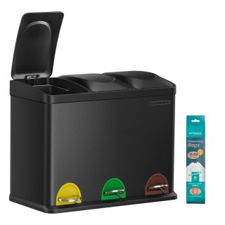 Potrójny kosz kuchenny, kosz na śmieci, metalowy kosz na śmieci, 45 l, system segregacji odpadów, 3 x 15 l, z pokrywą, stalowy,
