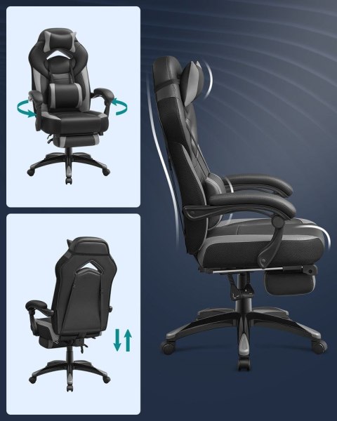 Ergonomiczne krzesło biurowe z podnóżkiem, Czarny + Szary