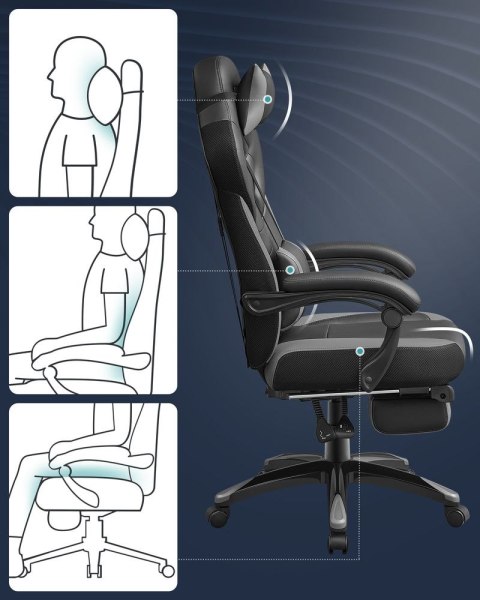 Ergonomiczne krzesło biurowe z podnóżkiem, Czarny + Szary