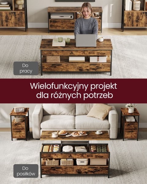 Stolik kawowy regulowany z szufladami 50 x 120 cm brąz vintage czarny atrament