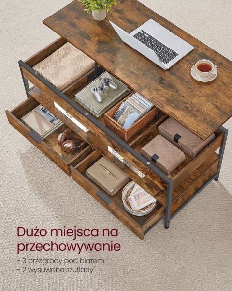 Stolik kawowy regulowany z szufladami 50 x 120 cm brąz vintage czarny atrament