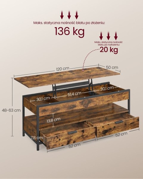 Stolik kawowy regulowany z szufladami 50 x 120 cm brąz vintage czarny atrament