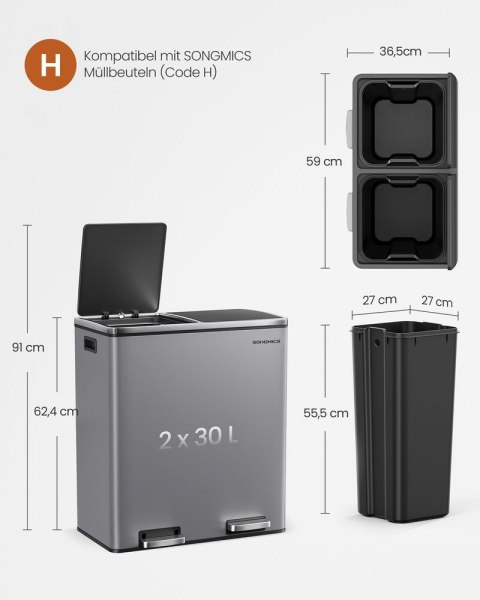 Kosz na śmieci 2 x 30 l szaro-łupkowy