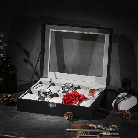 Pudełko na zegarek z 10 przegródkami, Powłoka PU w kolorze czarnym, wewnętrzna wyściółka