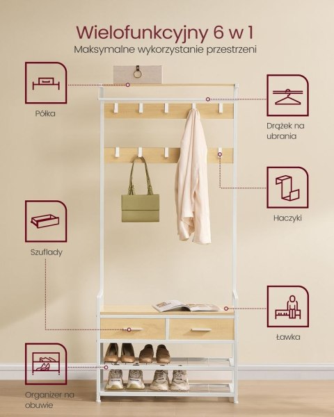 Wieszak na ubrania z ławką na buty, wieszak na ubrania, schowek na buty, 2 szuflady z tkaniny, 10 haczyków, 6 haczyków bocznych,