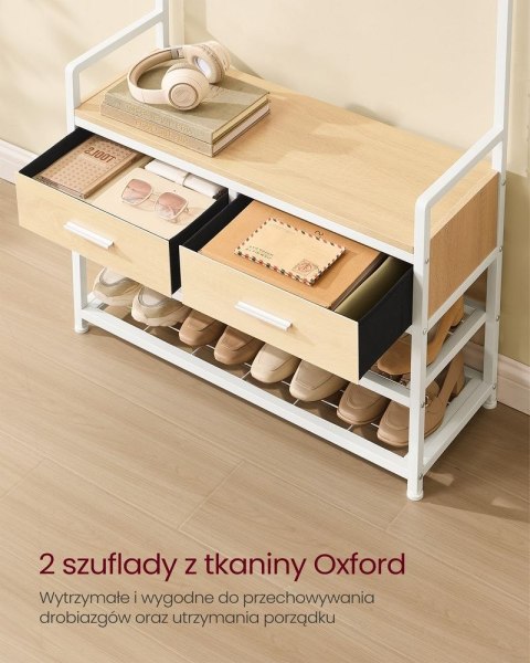 Wieszak na ubrania z ławką na buty, wieszak na ubrania, schowek na buty, 2 szuflady z tkaniny, 10 haczyków, 6 haczyków bocznych,