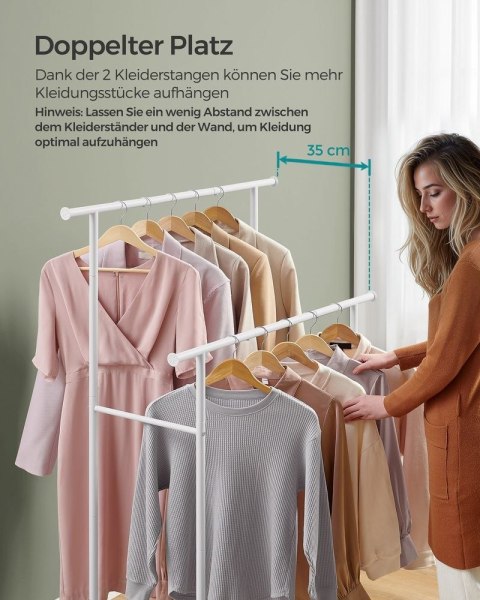 Wieszak na ubrania na kółkach, drążek na ubrania z półką, 2 drążki, drążek na szafę, szerokość 98,5 cm, nośność łącznie do 100 k