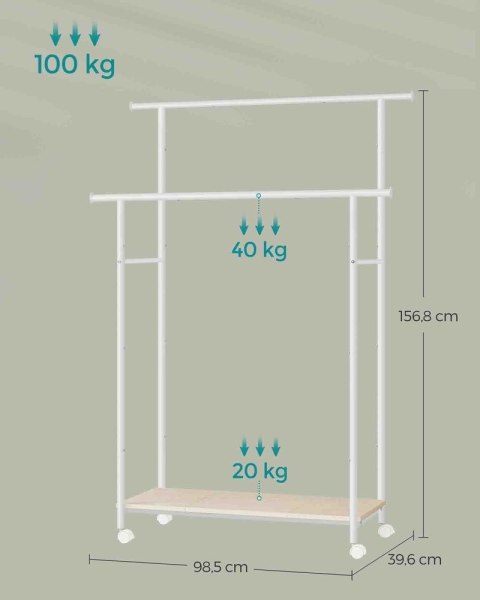 Wieszak na ubrania na kółkach, drążek na ubrania z półką, 2 drążki, drążek na szafę, szerokość 98,5 cm, nośność łącznie do 100 k
