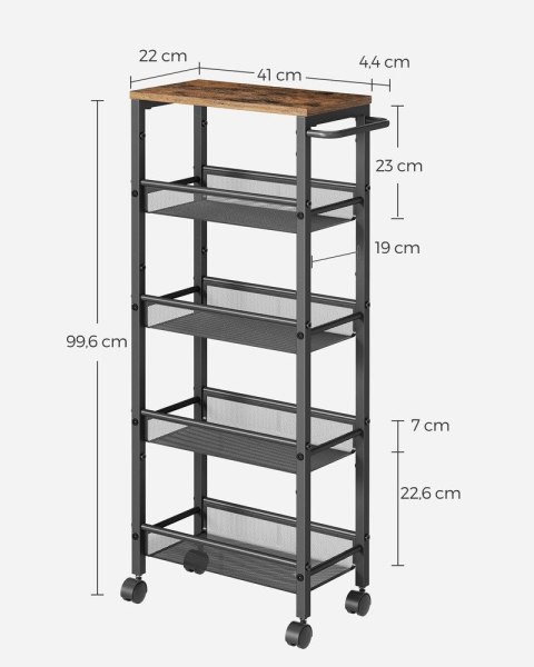 5-poziomowy wózek kuchenny Wąska półka niszowa na kółkach Stalowy uchwyt Małe przestrzenie 22 x 45,4 x 99,6 cm Kuchnia Łazienka