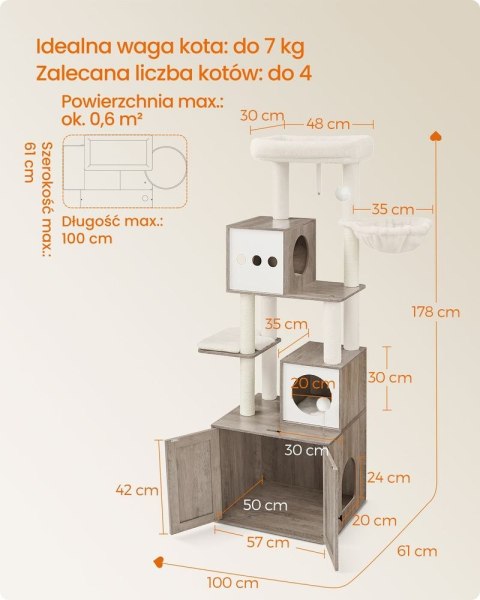 Drapak, drapak dla kota z szafką na kuwetę, Szary
