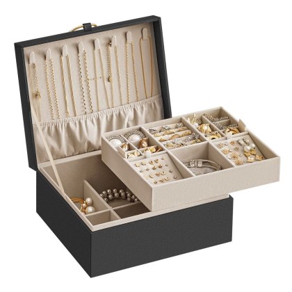 Pudełko na biżuterię 2-poziomowe z uchwytem i elastyczną tacką na biżuterię w kolorze czarnym, 20,5x24x11 cm