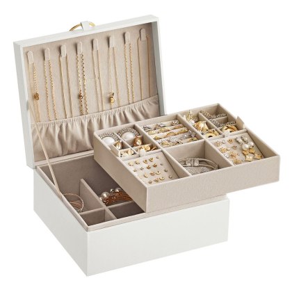 Pudełko na biżuterię 2-poziomowe z uchwytem i elastyczną tacką na biżuterię w kolorze czarnym, Biały, 20,5x24x11 cm