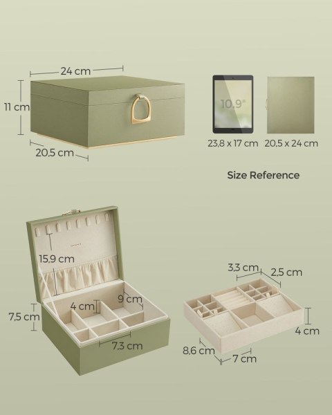 Pudełko na biżuterię 2-poziomowe z uchwytem i elastyczną tacką na biżuterię w kolorze czarnym, Laurowa zieleń, 20,5x24x11 cm