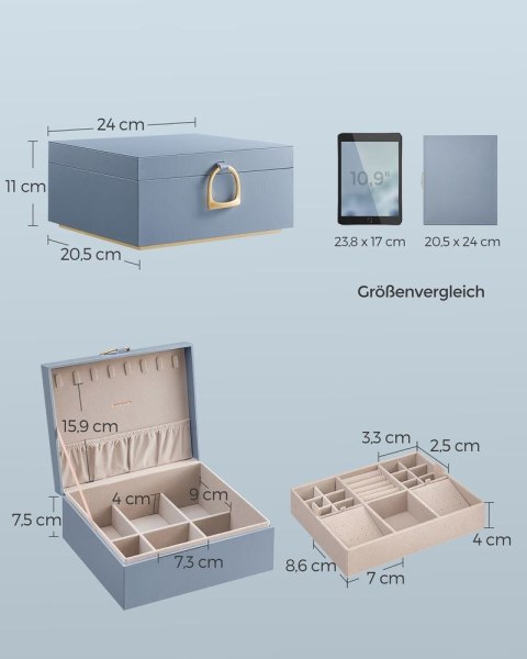 Pudełko na biżuterię 2-poziomowe z uchwytem i elastyczną tacką na biżuterię w kolorze czarnym, Mglisty niebieski, 20,5x24x11 cm