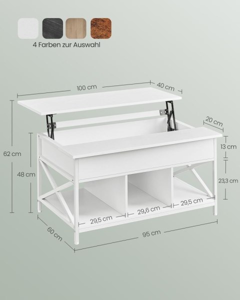 Stolik kawowy z możliwością regulacji wysokości i miejscem do przechowywania pod blatem, Biały, 60x100x(48-62)cm