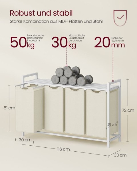 Kosz na bieliznę z 3 przegródkami, kremowa + biała matowa, 4 x 40 L, 92,5x33x71 cm