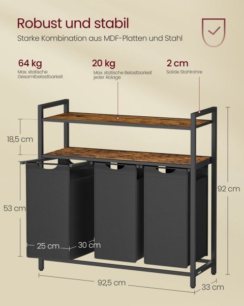 Kosz na bieliznę z 2 przegródkami, Brązowy vintage + czarny, 3 x 40 L, 73x33x91 cm