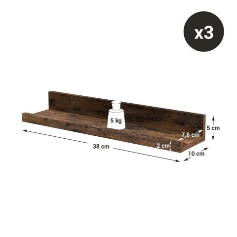 Pływające półki, zestaw 3 drewnianych półek ściennych, o długości 38 cm, z przednią krawędzią, dla bibelotów, słoików z przypraw