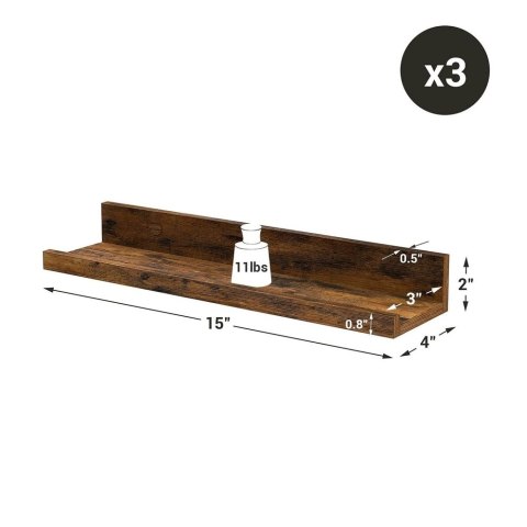 Pływające półki, zestaw 3 drewnianych półek ściennych, o długości 38 cm, z przednią krawędzią, dla bibelotów, słoików z przypraw