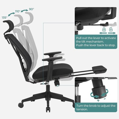 Ergonomiczne krzesło biurowe z podnóżkiem, krzesło biurkowe z podparciem lędźwiowym, regulowany zagłówek i podłokietnik, regulac