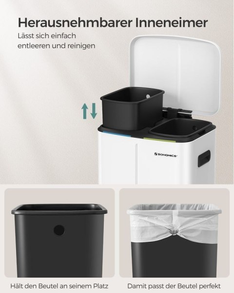 Kosz na śmieci 40 L z 2 przegródkami, 2 x 20 L, kosz na śmieci, kosz na śmieci z pedałem wykonany z metalu, kosz wewnętrzny z tw