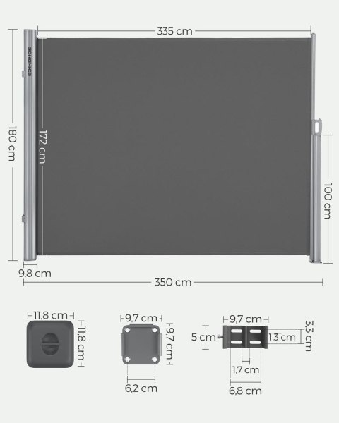 Markiza boczna na balkony i tarasy, antracyt, 180 x 350 cm, aluminium