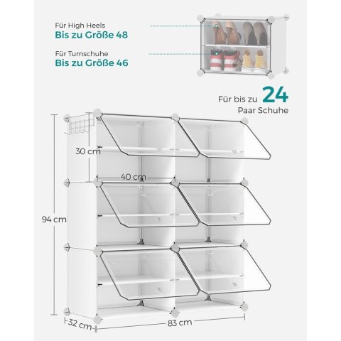 Półka na buty 6 przegródek wykonana z tworzywa sztucznego i stalowej ramy z drzwiczkami, Biały, 6 przegródków (32 x 83 x 94 cm)