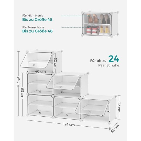 Półka na buty 6 przegródek wykonana z tworzywa sztucznego i stalowej ramy z drzwiczkami, Biały, 6 przegródków (32 x 83 x 94 cm)