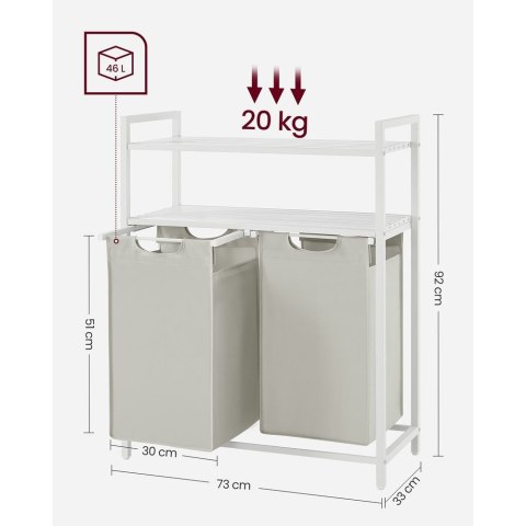 Kosz na bieliznę , pojemnik na pranie, 2 przegródki, 2 półki, metalowa rama, 2 x 46 litrów, 73 x 33 x 91 cm, vintage brązowo-cza