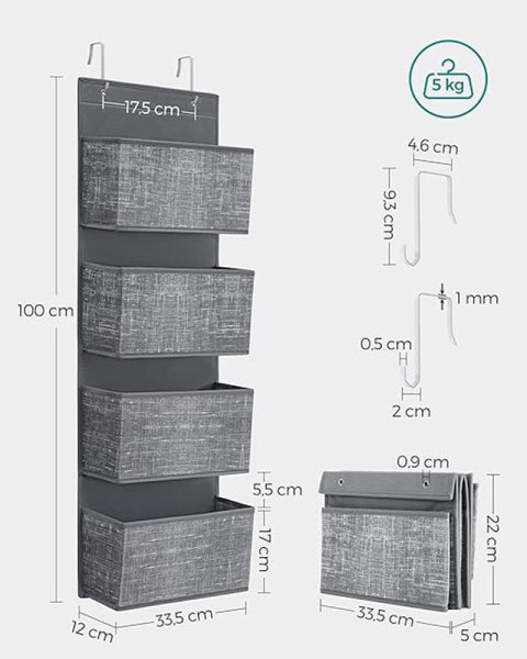 Wiszący organizer z 4 kieszeniami, wiszący schowek na drzwi, sypialnia, biuro, pokój dziecięcy, 33,5 x 12 x 100 cm, czarny RDH00