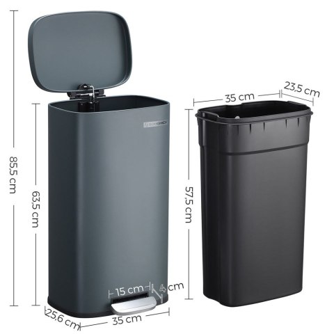 Kosz do kuchni, kosz, 30 L Pedal Bin z plastikowym wiadrem wewnętrznym, pokrywą, miękką zamknięcie, kontrola zapachu, Smoky Grey