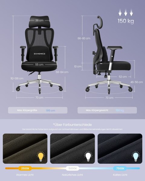 Ergonomiczny fotel biurowy z regulowanym podparciem lędźwiowym, atramentowa czerń