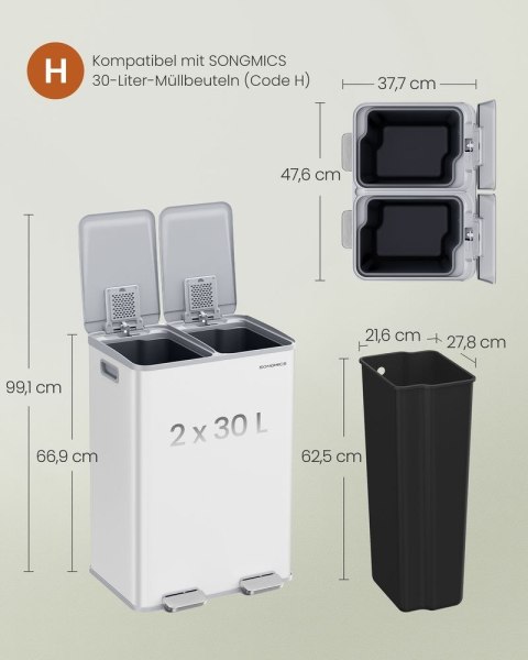 Kosz kuchenny 2 x 30 l matowa biel