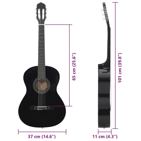  12-częściowy zestaw z gitarą klasyczną, czarny, 4/4, 39" Lumarko!