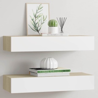  Półki ścienne z szufladą, 2 szt., dąb i biel, 60 x 23,5 x 10cm, MDF Lumarko!