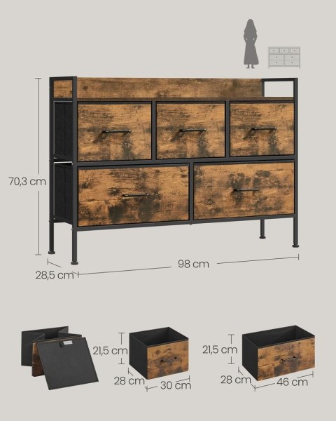 Komoda 5 szuflad z tkaniny vintage brązowy atrament czarny