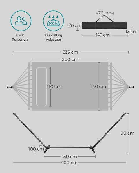 Hamak ze stelażem, metalowy stelaż hamaka, podwójny drążek nośny, z poduszką, nośność do 200 kg, ogród