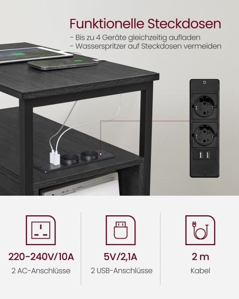 Stół boczny, stół nocny z paskiem zasilającym, 2 szuflady, stół sofy, szafka nocna do salonu, sypialnia, antracytowa szara klasy
