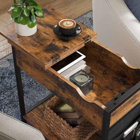 Stolik boczny z gniazdkami i organizerem z tkaniny, Vintage brąz + czerń