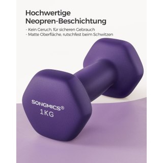 Hantle sześciokątne neoprenowe 2x1 kg do ćwiczeń, Fioletowy, 7x15 cm