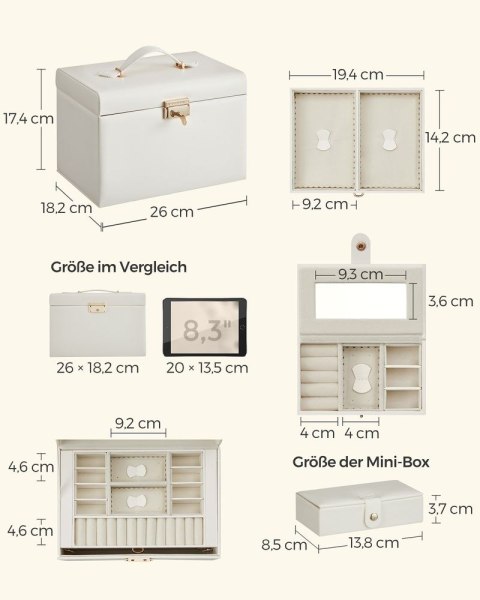 Pudełko na biżuterię z 2 szufladami, Klasyczna biel + kremowa biel