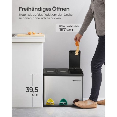 Kosz na śmieci z 3 oddzielnymi przegródkami, Srebrny + Czarny