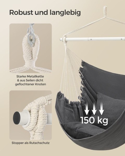 Krzesło wiszące , huśtawka wisząca, krzesło wiszące z 2 poduszkami, metalowy łańcuch, nośność do 150 kg, do użytku wewnątrz i na