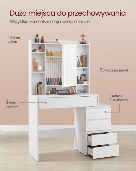 Toaletka z oświetleniem LED, regulacją jasności, toaletką z lustrem, stolikiem kosmetycznym z szufladami, otwartymi przegródkami