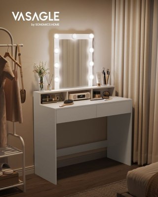 Toaletka, Oświetlenie Led Z Regulowaną Jasnością, Toaletka Z Lustrem, 2 Szuflady I 3 Przegródki, Kosmetyczka, Nowoczesna, Biała 